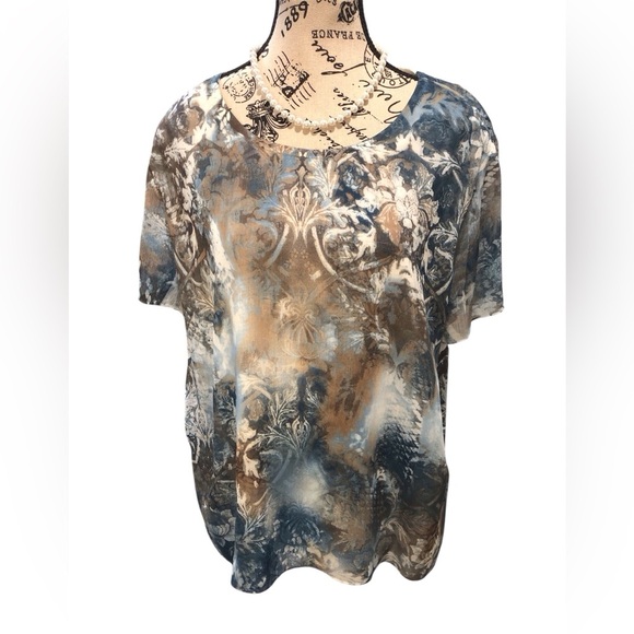 Alfred Dunner Large Abstract Floral Blue and Brown Short Sleeve Top Lined - Picture 1 of 6